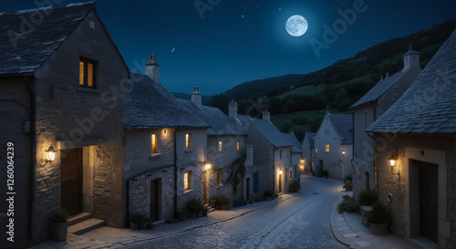 Fototapeta Naklejka Na Ścianę i Meble -  A serene village at night, with narrow streets lined by stone houses. The moonlight is gradually fading, creating an eerie, suspenseful atmosphere.