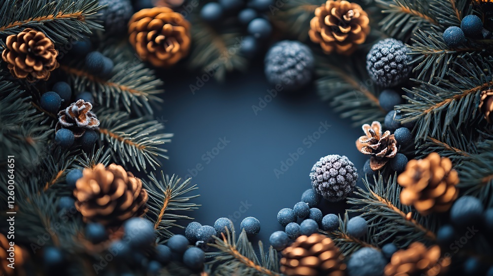 christmas greeting card festive decoration on dark blue background new year concept copy space flat lay top view christmas greeting card festive decoration on dark blue background new year concept copy space flat lay top view