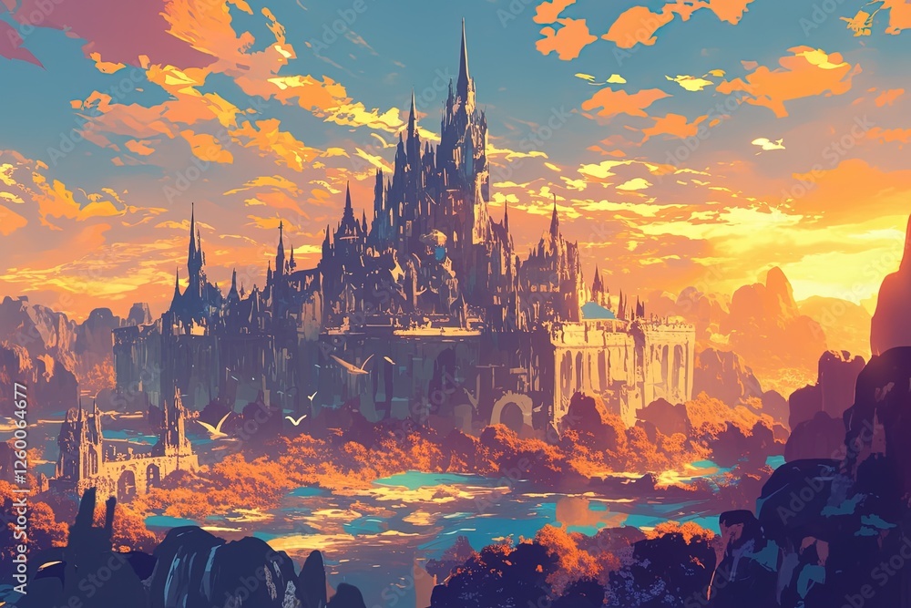 Naklejka premium Gothic castle at sunset by river, birds flying, fantasy landscape background, game art