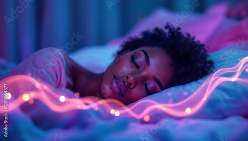 An African American black woman sleeps peacefully, visual representation of rejuvenation, circadian rhythms, brain cycles and flowing energy in the foreground. Insomnia treatment concept	