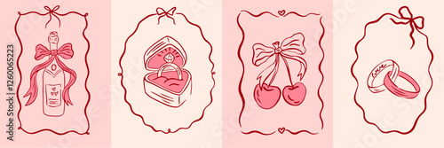 Vintage greeting cards for Valentine's Day in coquette style. Hand drawn whimsical frames with elegant bows and ribbons. Template for poster, banner, wedding invitation, birthday card. Vector illustra