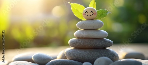 Smiling stone character with leaves atop a balanced stack of gray pebbles surrounded by soft sunlight and blurred green background elements photo