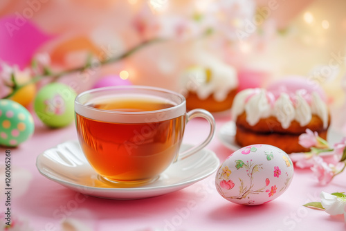 A charming cup of tea rests on a white saucer, accompanied by pastel Easter eggs and delightful pastries, all set against a cheerful spring backdrop filled with blossoms. Generative AI