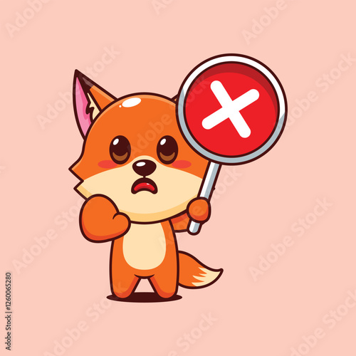 Cute fox with wrong sign cartoon vector illustration