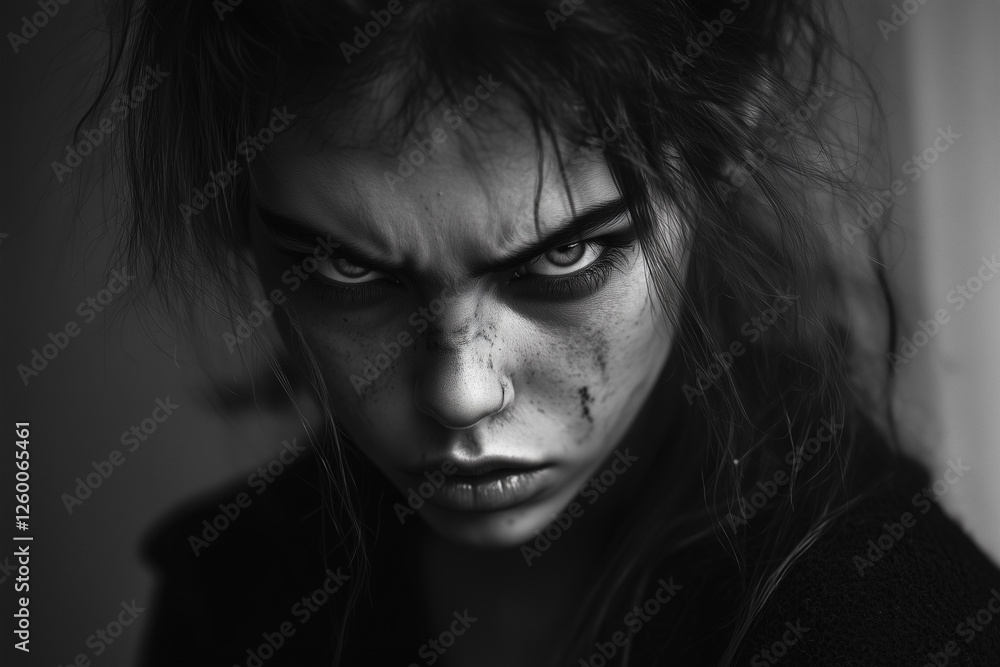 A woman displays an intense expression of anger, her disheveled hair framing her face. Dark makeup enhances her fierce gaze. Generative AI A woman displays an intense expression of anger, her disheveled hair framing her face. Dark makeup enhances her fierce gaze. Generative AI