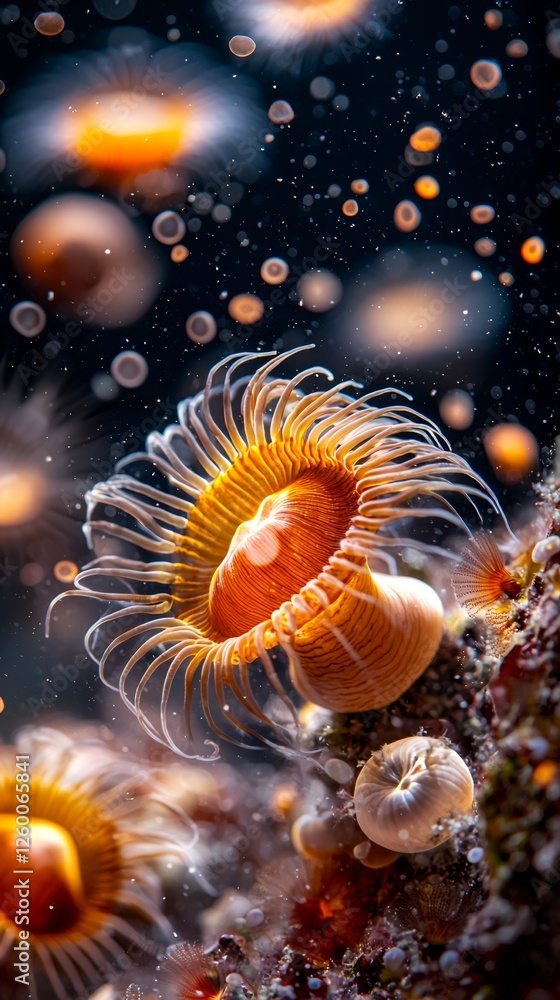 Fototapeta premium Exploring Vibrant Orange Sea Anemones Underwater Coral Reef Marine Life Photography Ocean Environment Close-up Perspective