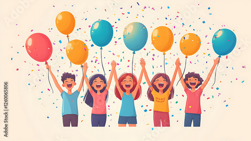 A group of friends celebrating with balloons and confetti, cartoon style, with bright colors, playful expressions, and a festive mood 