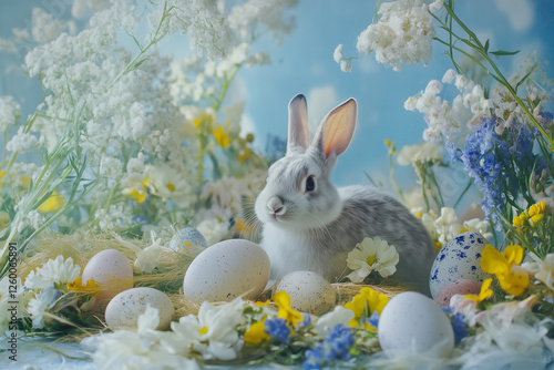 This charming display features a fluffy gray rabbit nestled among a variety of pastel Easter eggs and vibrant flowers. The scene captures the essence of spring festivities and renewal. Generative AI photo