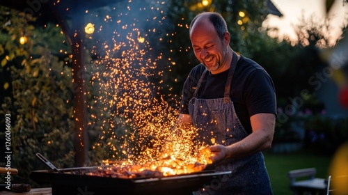 Joyful Backyard BBQ: Man Grilling with Sparks photo