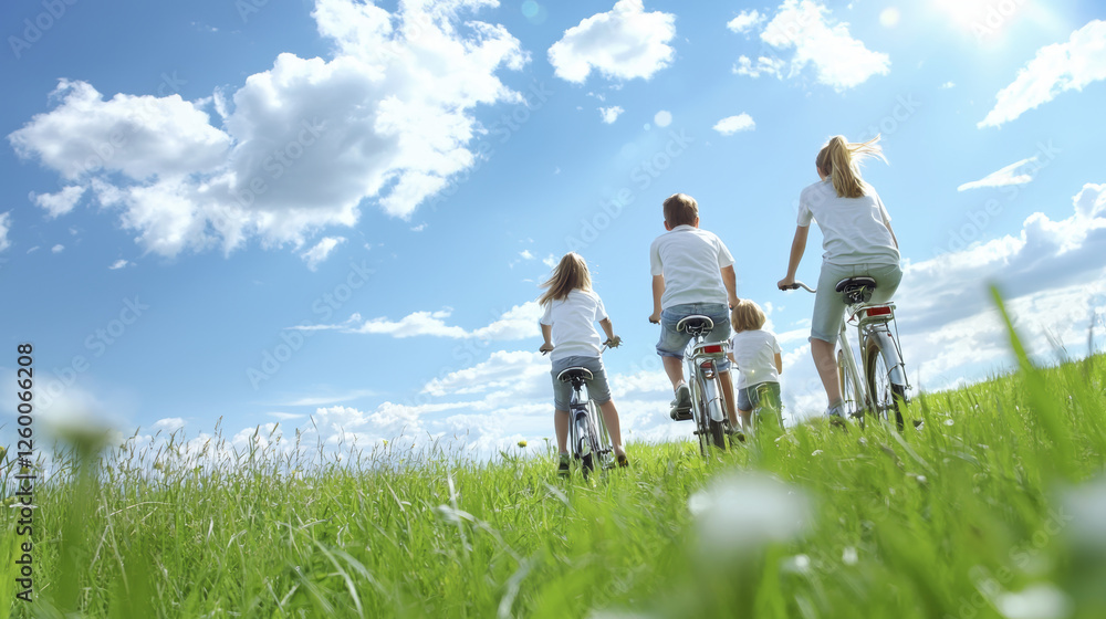 Enjoying sunny day, family rides bicycles through green field under blue sky Enjoying sunny day, family rides bicycles through green field under blue sky