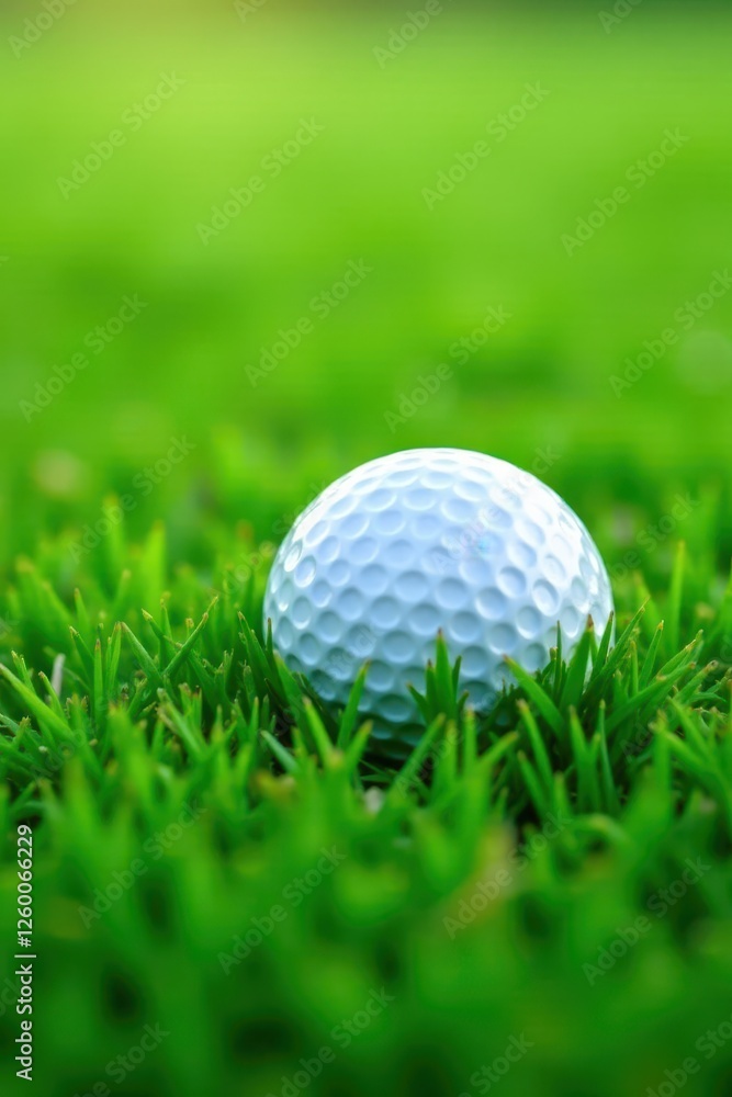 Golf ball partially buried in thick, vibrant green grass, green, drive, outdoor Golf ball partially buried in thick, vibrant green grass, green, drive, outdoor