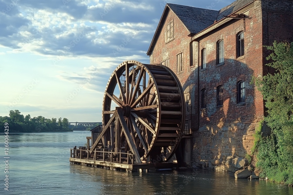 La Crosse. Old Water Wheel and Brick Building Along Mississippi River in Wisconsin La Crosse. Old Water Wheel and Brick Building Along Mississippi River in Wisconsin