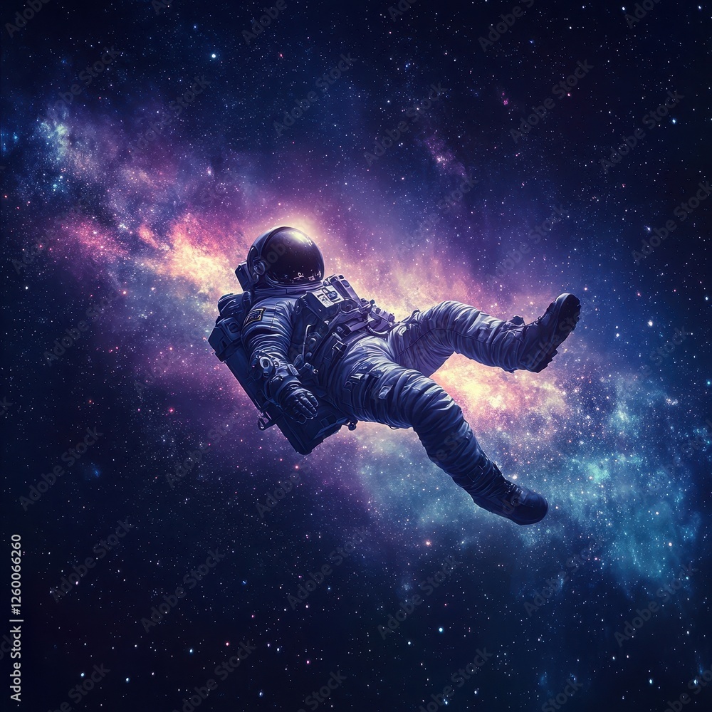 Astronaut floating peacefully within vibrant cosmic nebula background Astronaut floating peacefully within vibrant cosmic nebula background