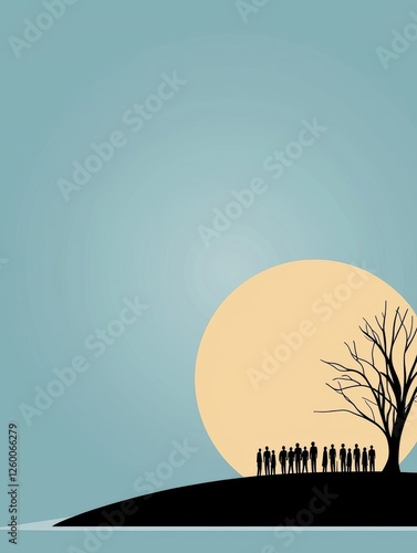 People Silhouette Against Large Yellow Sun on Tranquil Background with a Bare Tree and Calm Water Reflection