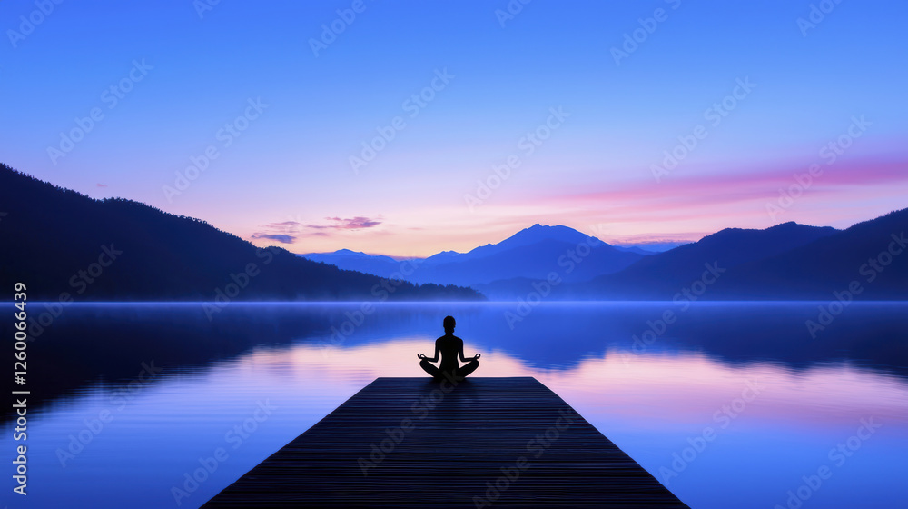 Silhouette of person meditating on dock at sunrise over calm lake, surrounded by mountains, creating serene atmosphere Silhouette of person meditating on dock at sunrise over calm lake, surrounded by mountains, creating serene atmosphere