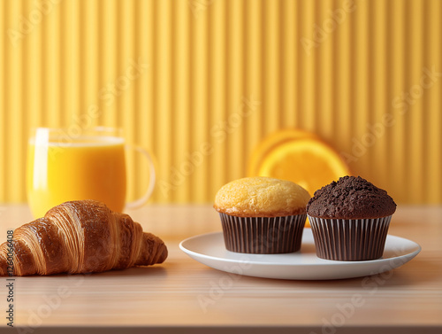 A delicious breakfast spread featuring a golden croissant, chocolate and vanilla muffins on a white plate, and a glass of fresh orange juice, set against a warm yellow background. photo