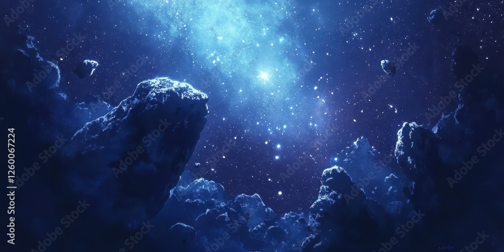 Obraz premium Breathtaking cosmic vista showcasing asteroids and starlight in dark blue