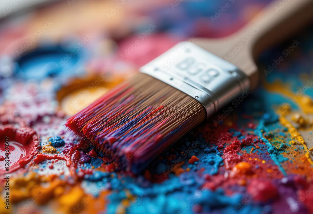 Fototapeta premium Close-up of a brush and colorful paints on a palette