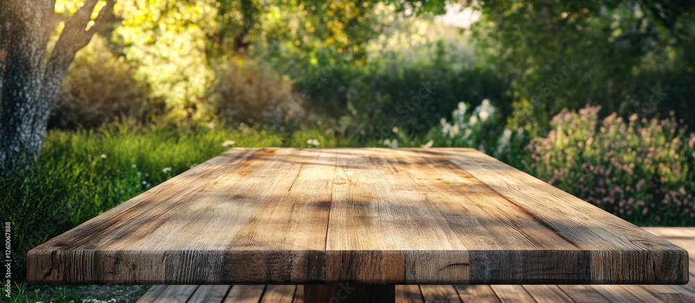 Wooden tabletop in a serene outdoor setting surrounded by lush greenery and soft sunlight illuminating the natural textures of the wood Wooden tabletop in a serene outdoor setting surrounded by lush greenery and soft sunlight illuminating the natural textures of the wood