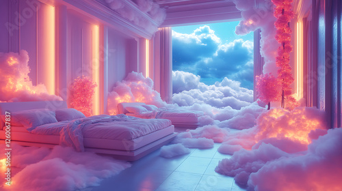 A surreal dreamscape with floating beds and clouds, fantasy style, with a focus on imagination and relaxation, glowing effects 