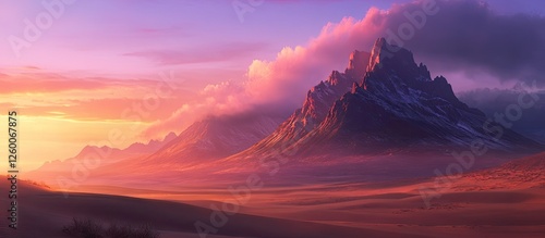 Majestic sunset over a rugged mountain range with vibrant pink and purple hues illuminating the sky and casting shadows on the serene landscape.