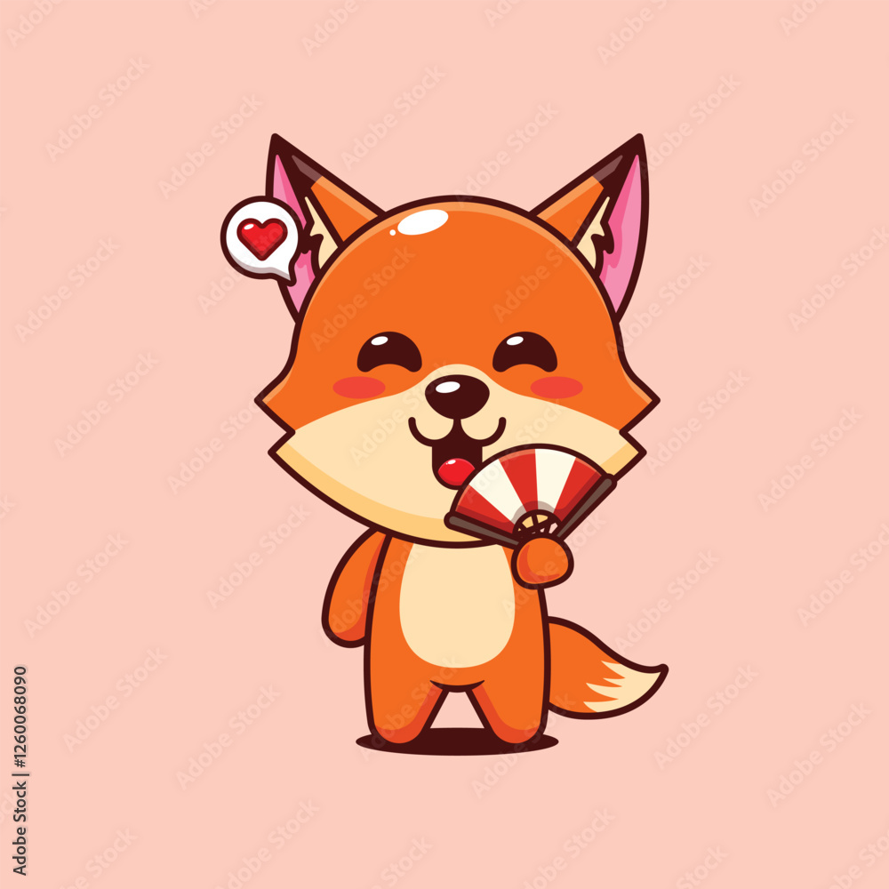 Cute fox with hand fan cartoon vector illustration Cute fox with hand fan cartoon vector illustration