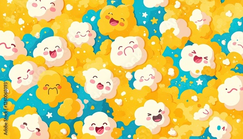 Happy popcorn pattern on blue, stars background, for food packaging