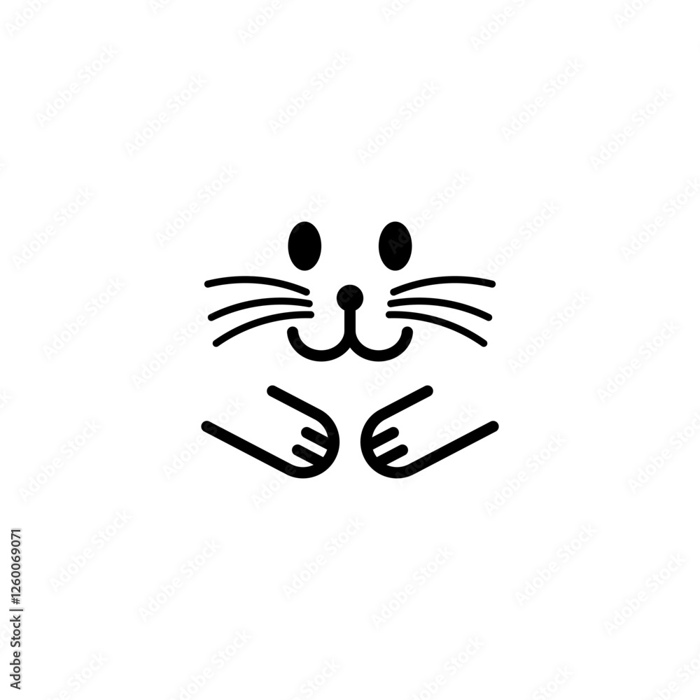 Fototapeta premium Smiling cat face with whiskers and paws. Minimalist vector illustration.