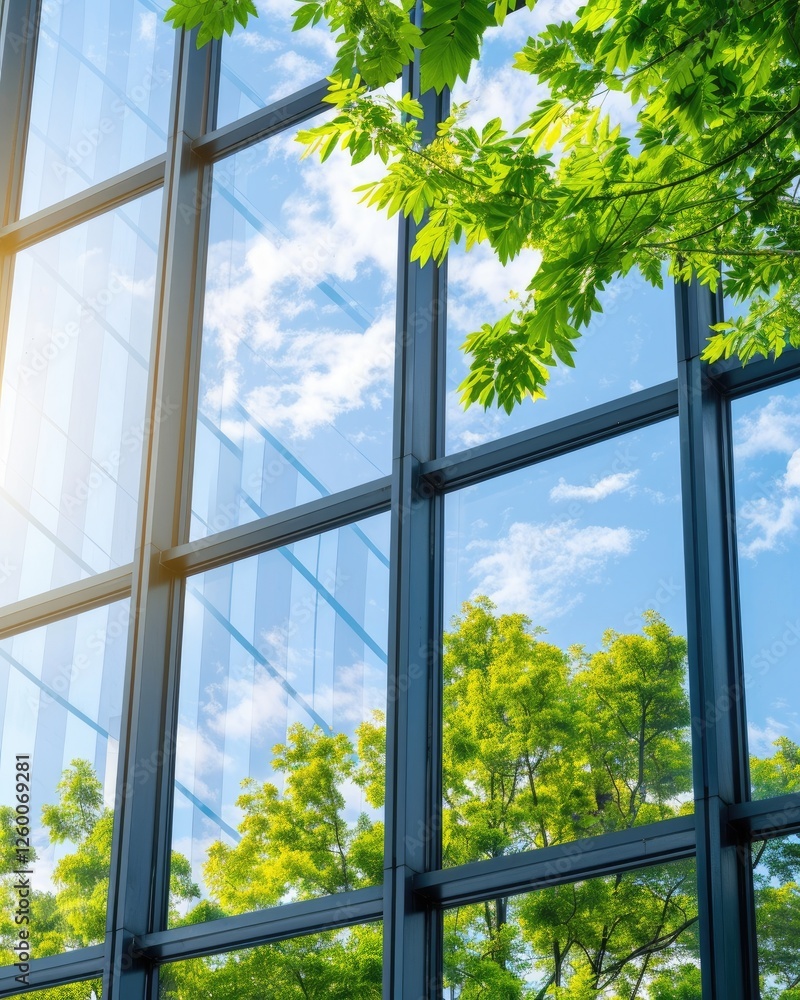 Glass Building Reflection with Blue Sky and Green Leaves Above Glass Building Reflection with Blue Sky and Green Leaves Above