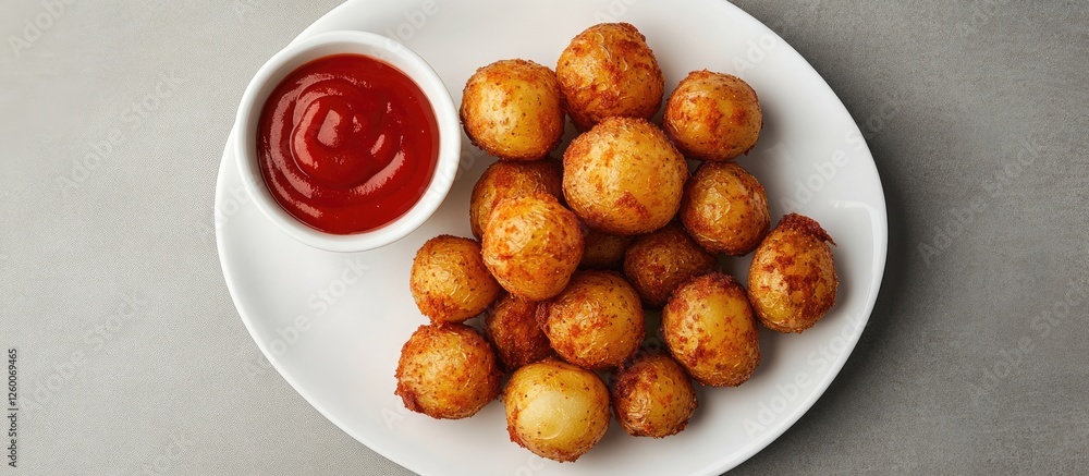 Golden crispy potato balls served on a white plate with a small bowl of vibrant red ketchup, positioned to the left, top view. Golden crispy potato balls served on a white plate with a small bowl of vibrant red ketchup, positioned to the left, top view.