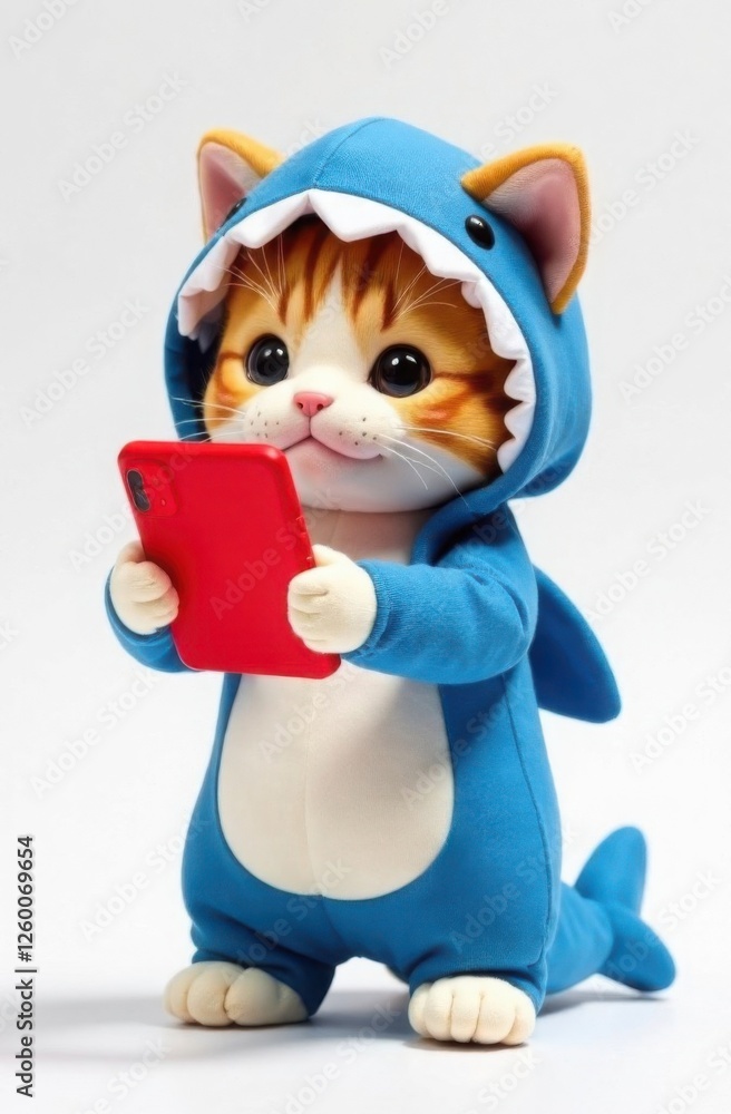 Plush toy cat in blue shark costume with smartphone. Trendy character, template for notebook, teenager's diary design, on white background Plush toy cat in blue shark costume with smartphone. Trendy character, template for notebook, teenager's diary design, on white background