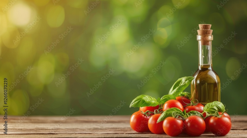 Fresh Tomatoes and Olive Oil on Wooden Table with Green Background Fresh Tomatoes and Olive Oil on Wooden Table with Green Background