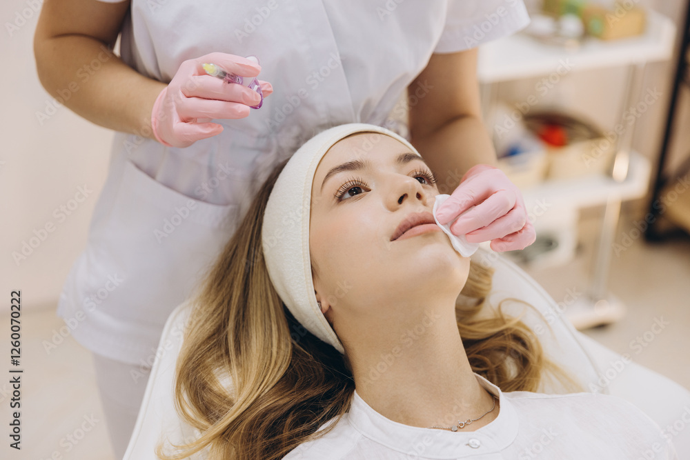 Cosmetologist preparing woman's face for botox injection by disinfecting skin with cotton pad in beauty salon Cosmetologist preparing woman's face for botox injection by disinfecting skin with cotton pad in beauty salon