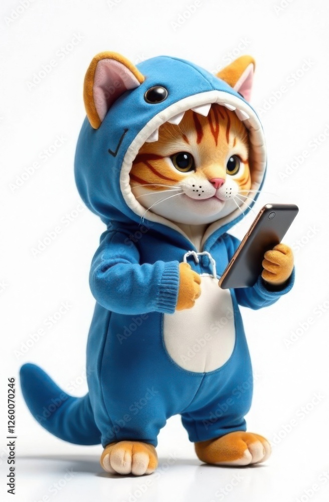 Plush toy cat in blue shark costume with smartphone. Trendy character, template for notebook, teenager's diary design, on white background Plush toy cat in blue shark costume with smartphone. Trendy character, template for notebook, teenager's diary design, on white background
