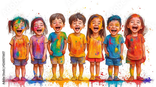Children laughing and playing with colors during Holi, cartoon style, with exaggerated expressions, bright colors, and a playful, cheerful mood 