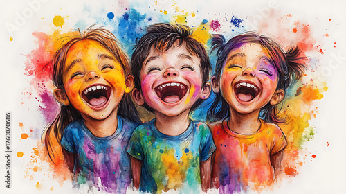 Children laughing and playing with colors during Holi, cartoon style, with exaggerated expressions, bright colors, and a playful, cheerful mood 