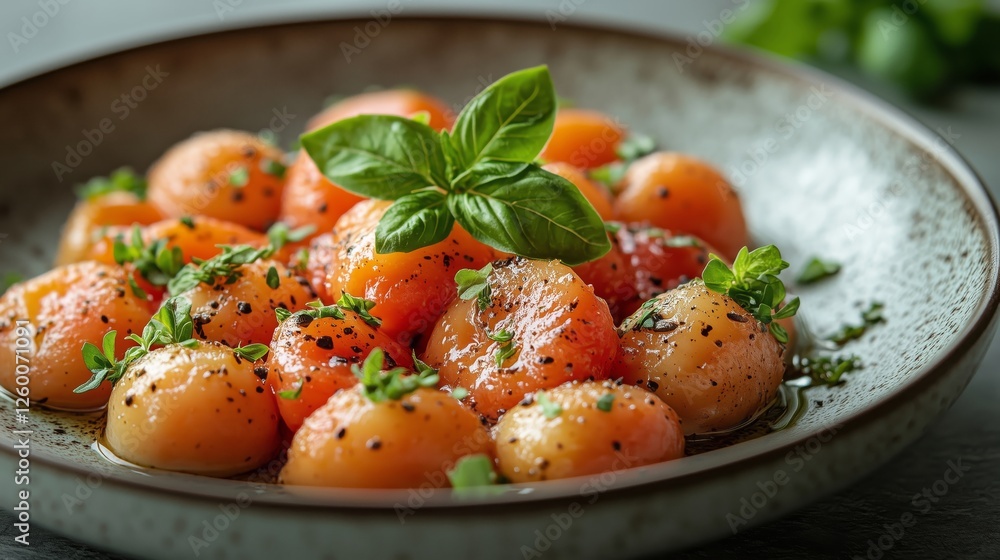 Deliciously Fresh and Colorful Gourmet Dish with Basil Garnish Deliciously Fresh and Colorful Gourmet Dish with Basil Garnish
