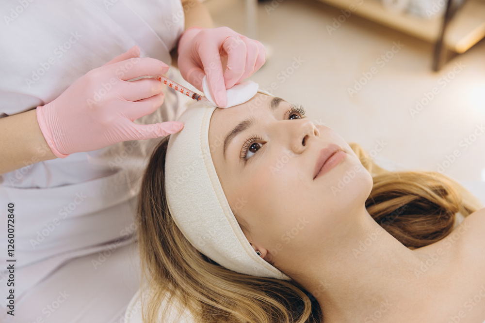 Naklejka premium Cosmetologist making rejuvenating facial injection for young blond woman lying on medical couch in beauty salon