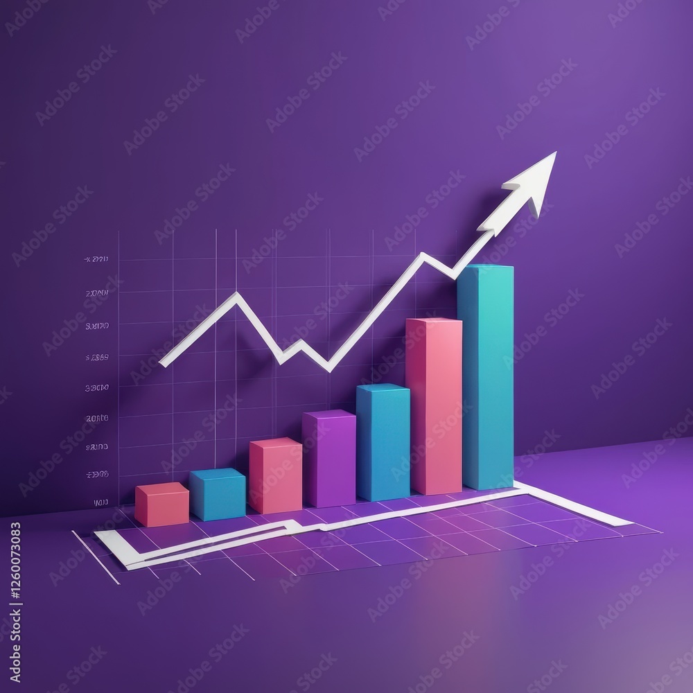 Obraz premium Colorful Bar Graph with Rising Trend Arrow on Purple Background for Business Growth and Financial Success Illustration