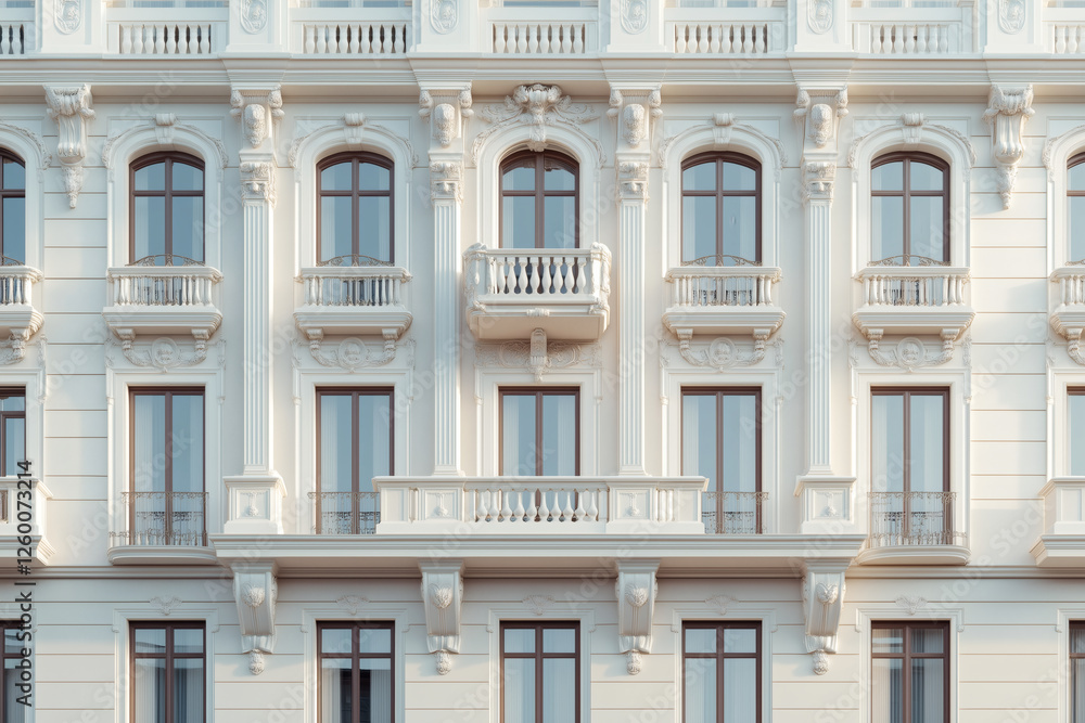 Ornate white facade with balconies and arched windows Ornate white facade with balconies and arched windows