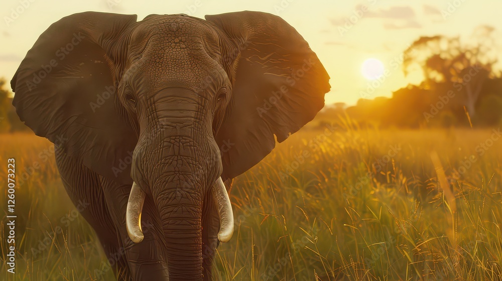 Obraz premium A close-up of a majestic African elephant standing tall against a soft, blurred background of grasslands and distant trees, exuding strength and wisdom
