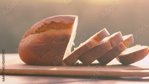 Outdoors Morning Sunlight on Freshly Baked Homemade White Bread Loaf with Slices on Wooden Chopping Board with Fields Background. Home Baking Footage with Simple Healthy Ingredients 4K.