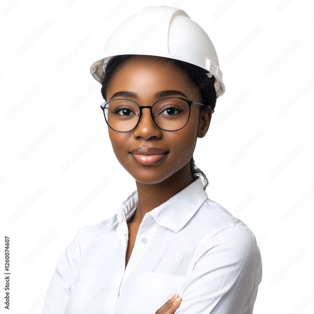 Portrait of smiling African American woman 20-25 years old wearing glasses in white construction helmet and white work uniform, isolate on white background Portrait of smiling African American woman 20-25 years old wearing glasses in white construction helmet and white work uniform, isolate on white background