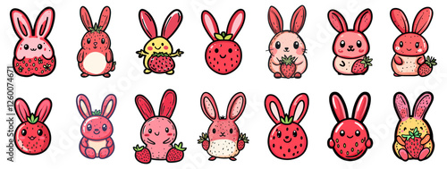 Adorable Strawberry Rabbits Vector Pack – Sweet & Playful Bunnies