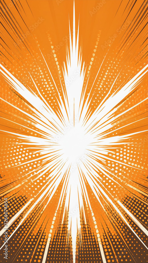 Fototapeta premium Comic cartoon sunrays Orange background lightning blast halftone frame animation. Royalty high-quality free best stock of abstract Orange light rays background retro comic style halftone pop art