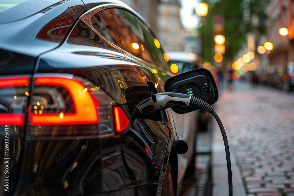 Power source for charging battery of beautiful hybrid electric car on road, abstract vivid composition consists of fictional unreal fantastic vision on background Power source for charging battery of beautiful hybrid electric car on road, abstract vivid composition consists of fictional unreal fantastic vision on background