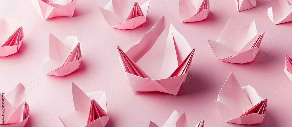Pink origami paper boats arranged in a symmetrical pattern on a soft pink background, symbolizing leadership and conflict resolution in teamwork. Pink origami paper boats arranged in a symmetrical pattern on a soft pink background, symbolizing leadership and conflict resolution in teamwork.