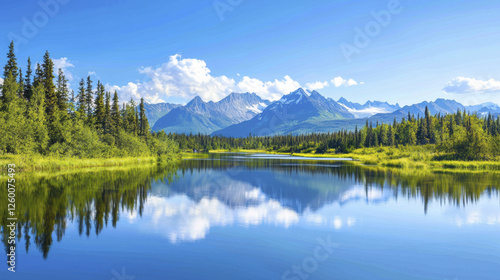 serene landscape featuring calm lake reflecting majestic mountains and lush greenery under clear blue sky