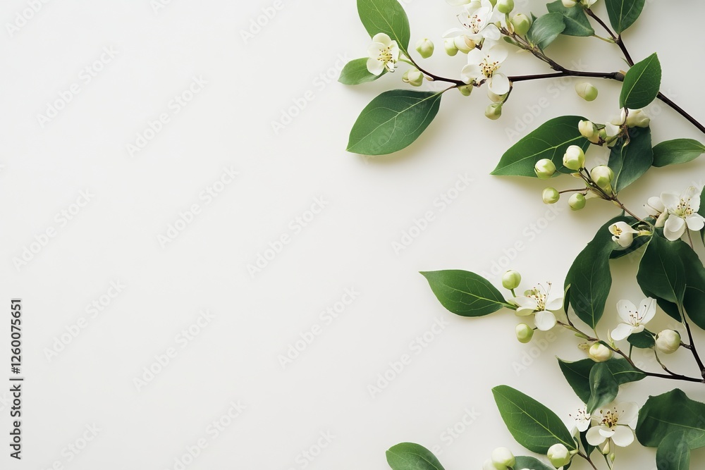 Fototapeta premium White flowers and green leaves on a white background