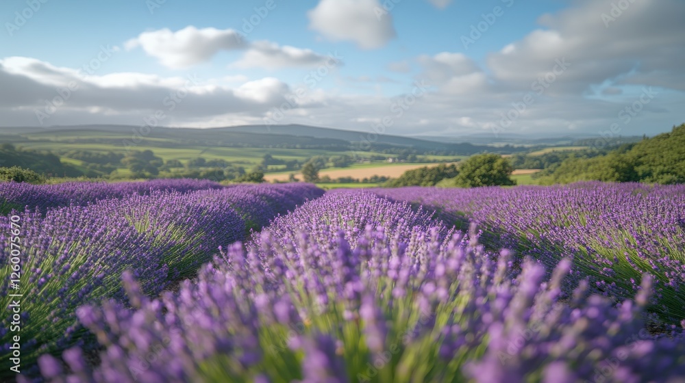 Naklejka premium Serene lavender fields under blue sky with rolling hills in background